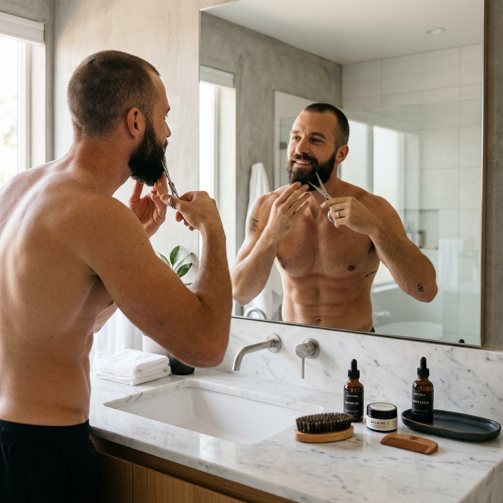 Mężczyzna dbający o brodę przy użyciu produktów premium MensCare PL